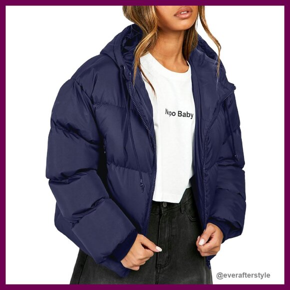 Cropped Puffer Jacket Lightweight Hooded Quilted Winter Outerwear Chic